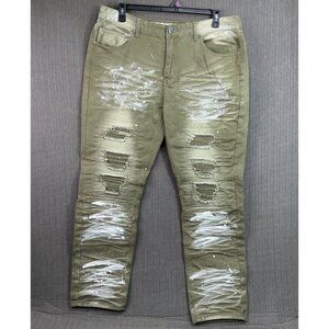 Encrypted Mens Size 38 Olive Green Distressed Paint Splatter Jeans